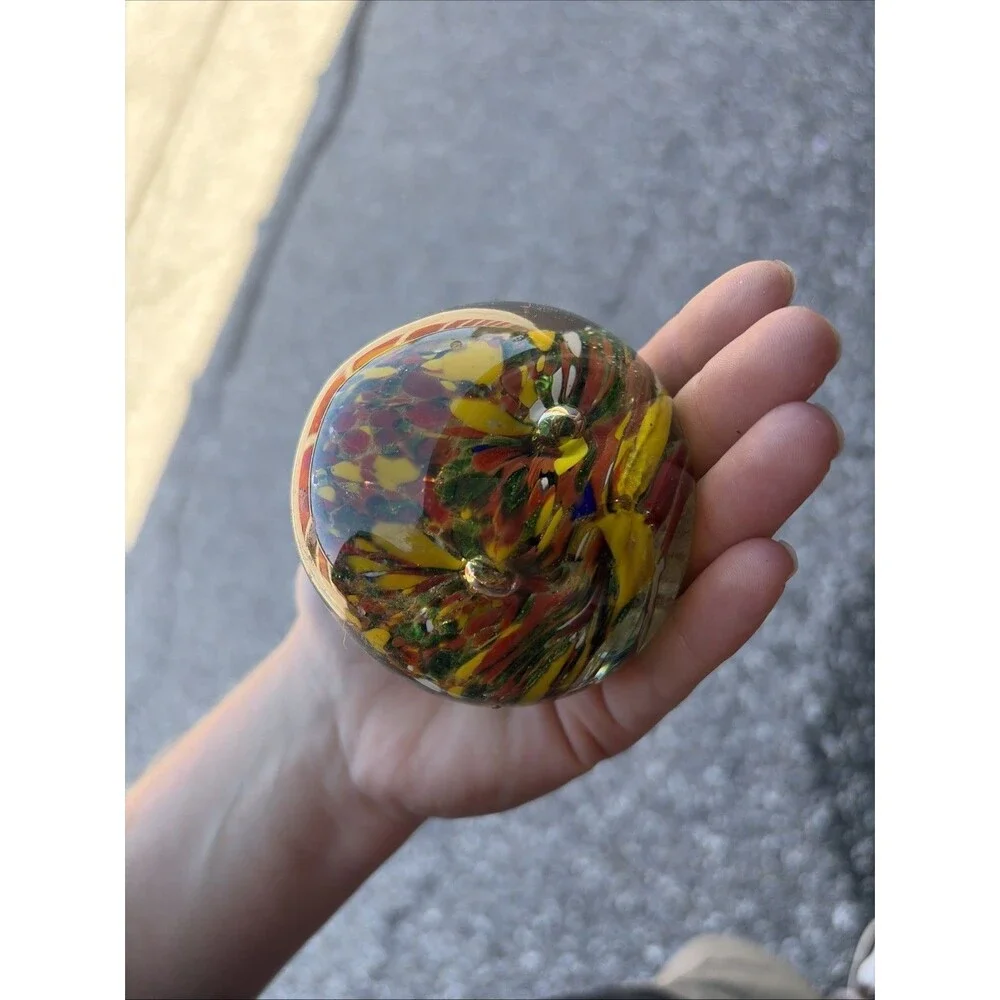 VTG Multi Color Swirl Glass Paperweight  Red Yellow Blue